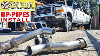 2001 F350 73  RiffRaff UpPipes Install  Stock up pipes leaking and falling apart JUNK SP [upl. by Anabahs]